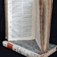 2 x Volume French Bible La Sainte Bible by Plantin & Moret 1717 bound with quarto Vellum with marbled boards - Sold for $37 - 2017