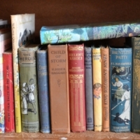 Shelf of hc children's books with illustrated spines incl Robinson Crusoe, Gulliver's Travels, etc - Sold for $43 - 2017