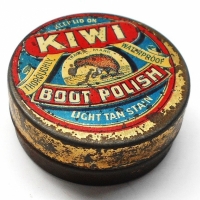 1920s Kiwi light tan stain Sample tin - 35cm D - Sold for $124 - 2018