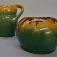 1930s Remued Australian pottery jug & bowl in yellow & green shapes 190 & 533 tallest 95cm tall - Sold for $31 - 2018