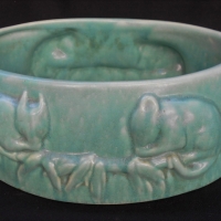 1940s Melrose Australian pottery 2 handled possum trough in green glaze - 36cm wide - Sold for $522 - 2018