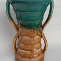 1940s Waverly Ware Australian pottery two handle vase in brown & green glaze - 22cm tall - Sold for $37 - 2018