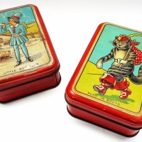 2 x 1920s Dominion can co fairy tale tins - Little boy blue & Puss in boots - Sold for $43 - 2018