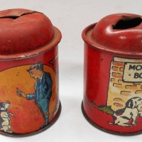 2 x 1920s Money boxes banks with dog doing tricks & sports equipment & blind dog marked Gasden for toys - Sold for $43 - 2018