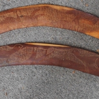 2 x 1950s South Australian desert Boomerangs with carved Emus & Kangaroos 57cm long - Sold for $62 - 2018
