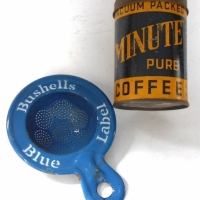 2 x Items - 1930s Bushells Minute Pure Coffee 4oz tin & enamel Bushells blue label tea strainer - Sold for $93 - 2018