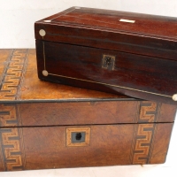 2 x Vintage jewellery boxes incl c1900 rosewood jewellery box with MOP inlaid decoration & walnut veneer jewellery box with parquetry - Sold for $62 - 2018