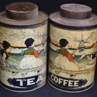 2 x c1900 Coffee & Tea Canisters with scene of Dutch Children fishing by Simpson & Co Adelaide - Sold for $149 - 2018