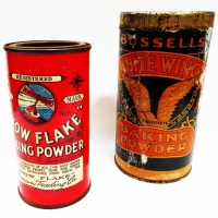 2 x c1920s Baking powder tins - Snow Flake by Becon trading Geelong & Boswells White Wings Sydney with paper label - Sold for $62 - 2018