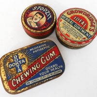 3 x Australian pharmacy tins incl Stopzits , Dakota Chewing gum & Growdrige's All by Marsh & sons Melbourne - Sold for $99 - 2018