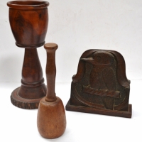 3 x Pces wooden-objects incl 1939 turned goblet with details, carved 'Kookaburra' bookend, etc - Sold for $43 - 2018