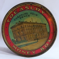 C1900 Australian Treasury money box tin Bank - Treasure your Pence - Sold for $161 - 2018