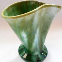 C1930's John Campbell Australian Pottery, fan shaped ceramic vase - green drip glaze - 15cm tall - Sold for $37 - 2018