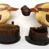 Fab pair c,192030's Australian Handcraft KOOKABURRA Sewing Aid & matching Smoking stand - both w Figural HPainted Kookaburras - Sold for $137 - 2018