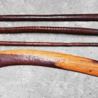 Group of Central desert Australian Aboriginal items incl hunting Boomerang, figural snake, spear & stick - Sold for $62 - 2018