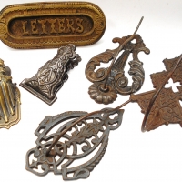 Group of c1880s Bill clip, paper hooks & Letter door slot incl Brass tin & Cast Iron - Sold for $137 - 2018