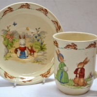 2 x Piece set Vintage Royal Doulton Bunnykins ceramic nursery ware cup & saucer - signed Barbara Vernon - Sold for $35 - 2017