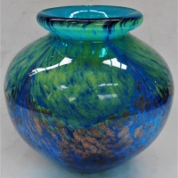 Modern MDINA style ART GLASS Vase - lovely Blue colours w copper inclusions to the lower section, no marks sighted - 115cm H - Sold for $25 - 2017