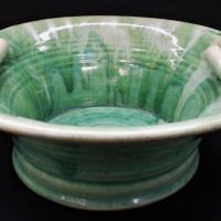 Vintage REMUED Australian Pottery BOWL - Handles to 2 sides, Green & Cream glazes, incised mark to base, restoration sighted - 17cm Diam - Sold for $31 - 2017