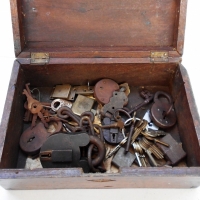 Old Victorian MAHOGANY Box & Contents - Heaps old PADLOCKS & Keys, some matching - Sold for $37 - 2017