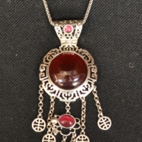 Ornate silver pendant on chain with jasper coloured stones - Sold for $31 - 2017