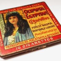Rare c1910 Olympia Egyptian cigarette tin Papadopoulos , Malarakis & Co Cairo - Sold for $62 - 2017