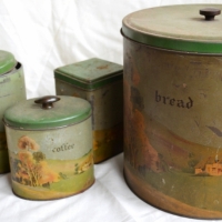 Set of 6 - Australian tin kitchen canisters with country house scene by Willow - Sold for $50 - 2017