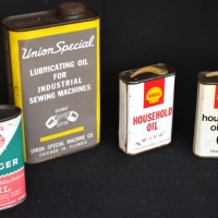 Small group lot vintage sewing machine and household oil tins incl Singer, Union Special and Shell - Sold for $43 - 2017
