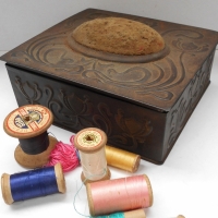 c1900 Art Nouveau Sewing tin box with central pin cushion by Burnett limited London - Sold for $68 - 2017