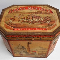 c1900 Keens mustard tin The National condiment  Rugby A National Game with hunting scenes from the corners of the British Empire with paper label unde - Sold for $124 - 2017