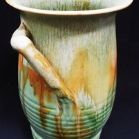 1930s Remued Australian pottery vase - shape 116s in green & orange glaze with branch handle 19cm tall - Sold for $99 - 2018