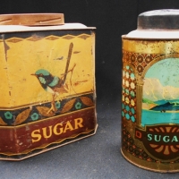 2 x 1920s Kitchen Canister Sugar tins by Wilson Bros & Dominion Can Co - Sold for $37 - 2018