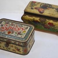 2 x C1900 English tins Floral Spices & Art Nouveau casket tin with Japanese Rickshaw scene on the lid - Sold for $31 - 2018