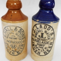 2 x Stoneware South Australian Ginger beer bottles G Hall & Sons Norwood & J Ladds port Adelaide & Gawler - Sold for $25 - 2018