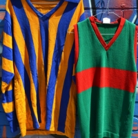 2 x Vintage KNIT Men's FOOTY Jumpers - Long sleeve Blue & yellow striped number 68 + Short sleeved Green & red number 12 - Sold for $25 - 2018