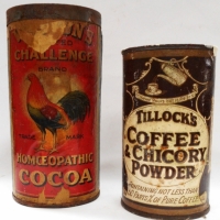 2 x c1910 Australian paper label tins - Walton's Homeopathic Cocoa Adelaide & Tillock coffee & chicory powder NSW - Sold for $31 - 2018