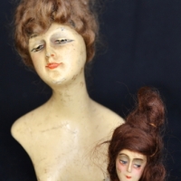 2 x c1920s Wax boudoir doll busts - both with hair - one marked & dated 24 - 16cms & 8cms H - Sold for $62 - 2018