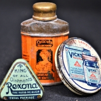 3 x Miniature tins - Vicks sample tin, Rexona ointments sample tin & Cuticura Talc - Sold for $31 - 2018