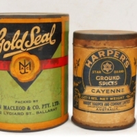 4 x Australian 1920s-40s spice tins incl Unopened 1920s Gold Seal Mixed spice with paper label Packed by John McLeod Ballarat, Nectar Coffee & Chicory - Sold for $106 - 2018
