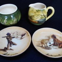 4 x Pces - Australian Pottery - small Martin Boyd Jug w HPainted Farm House scene, Studio Anna pot + 2 x small Brownie Downing wall plaques - Sold for $37 - 2018