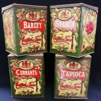 Set of 4 x 1920s Griffiths Signal Tea Kitchen canisters with Australian native flowers Tapioca, Starch Currants & Barley - Sold for $323 - 2018