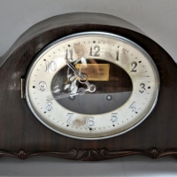 1930s timber mantle clock with pendulum and key with presentation plaque to face - Sold for $50 - 2018
