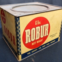 1940s Robur tea tin with red and blue Logo - 6lbs rectangular - Sold for $99 - 2018