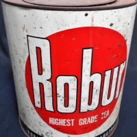1940s Robur tea tin with red and blue Logo - 6lbs round - Sold for $50 - 2018