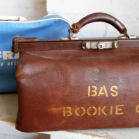 3 x Pieces - old BRASS Embossed POWDER Flask, Gladstone bag + 1970's Canvas AIR FRANCE Case - Sold for $50 - 2018