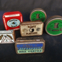 Small lot - assorted vintage tins incl, Swallow Typewriter Ribbon, Bells Waterproof wax vesta's & contents, Plants Plantoids plant food, etc - Sold for $35 - 2018