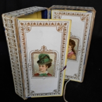 Victorian cardboard packaging box for Pure Linen Handkerchiefs with embossed  medal wins images and coloured images of pretty ladies to lid and interi - Sold for $37 - 2018