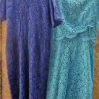 2 x 1950s Lace cocktail frocks - Turquoise 'Milady' & navy blue - metal zips, short sleeves, straight skirts - Sold for $31 - 2018