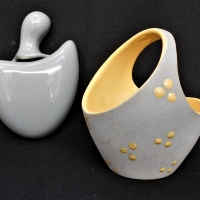 2 x Pces - Retro 1960's ELLIS Australian Pottery - Biomorphic Basket + Wall Pocket - Rough & slick Gray glazes w yellow highlights, both marked to bas - Sold for $31 - 2018