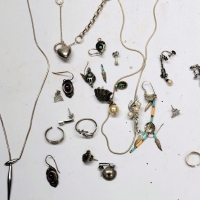 Group lot silver jewellery - pairs earrings, marcasite, turquoise, heart bracelet, rings, chains etc - Sold for $37 - 2018